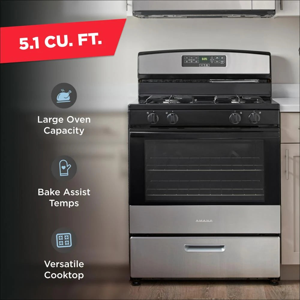 AMANA 30-inch Gas Range with Bake Assist Temps - Stainless Steel (AGR6303MMS)