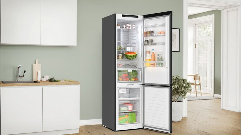 BOSCH 800 Series Free-standing fridge-freezer with freezer at bottom, glass door 24'', Total No Frost - Black (B24CB80ESB)