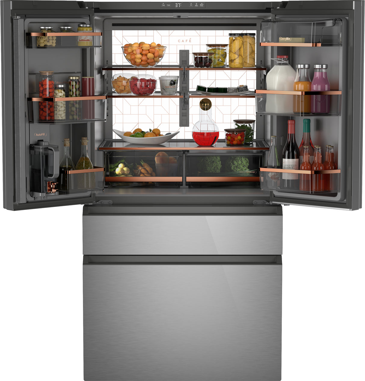 CAFE CAF?™ ENERGY STAR® 28.7 Cu. Ft. Smart 4-Door French-Door Refrigerator in Platinum Glass With Dual-Dispense AutoFill Pitcher - Platinum Glass (CGE29DM5TS5)