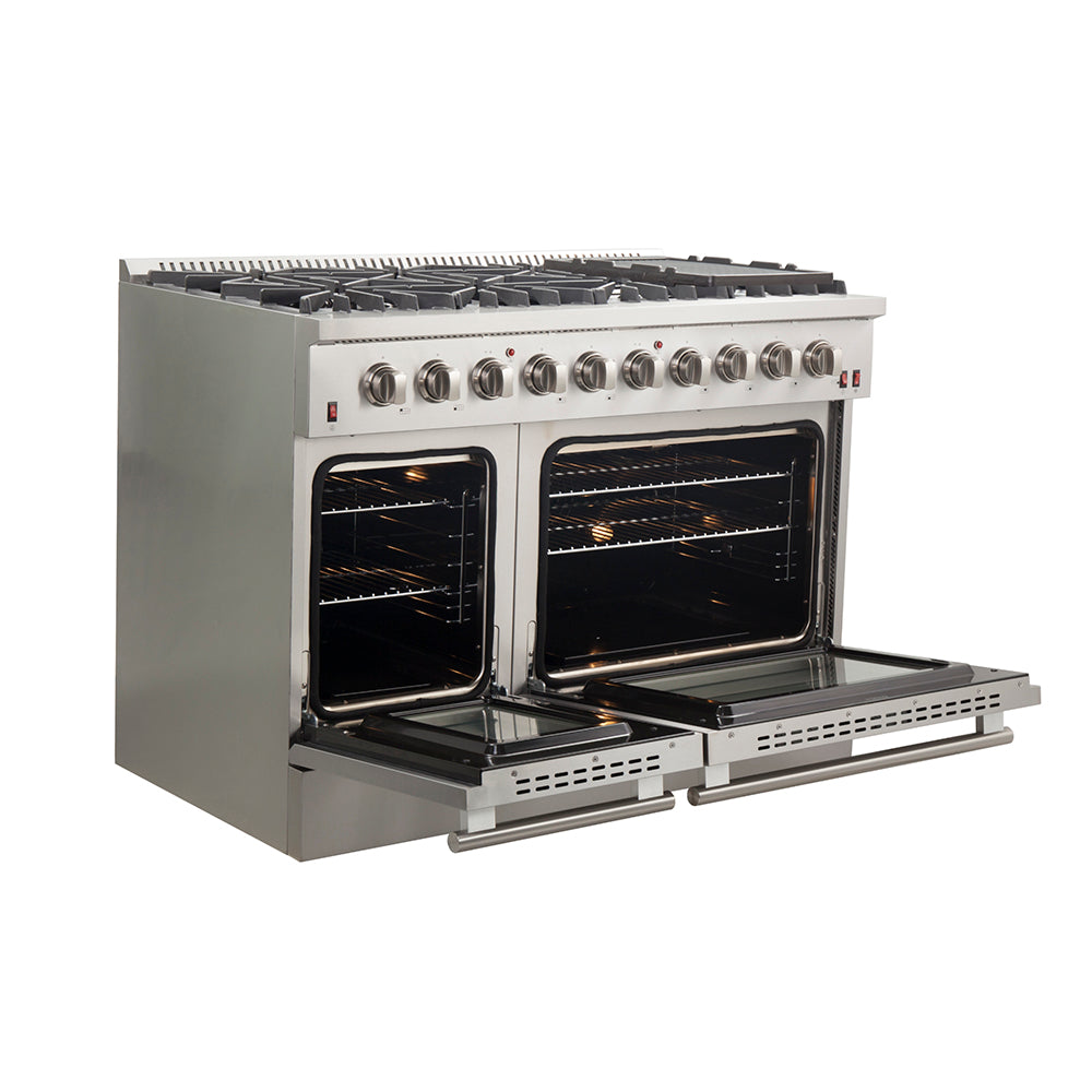 FORNO Galiano 48-Inch Freestanding Gas Range, , 8 Burners, 107,000 BTU, Griddle, Double Ovens, Energy Efficient - Stainless (FFSGS624448)