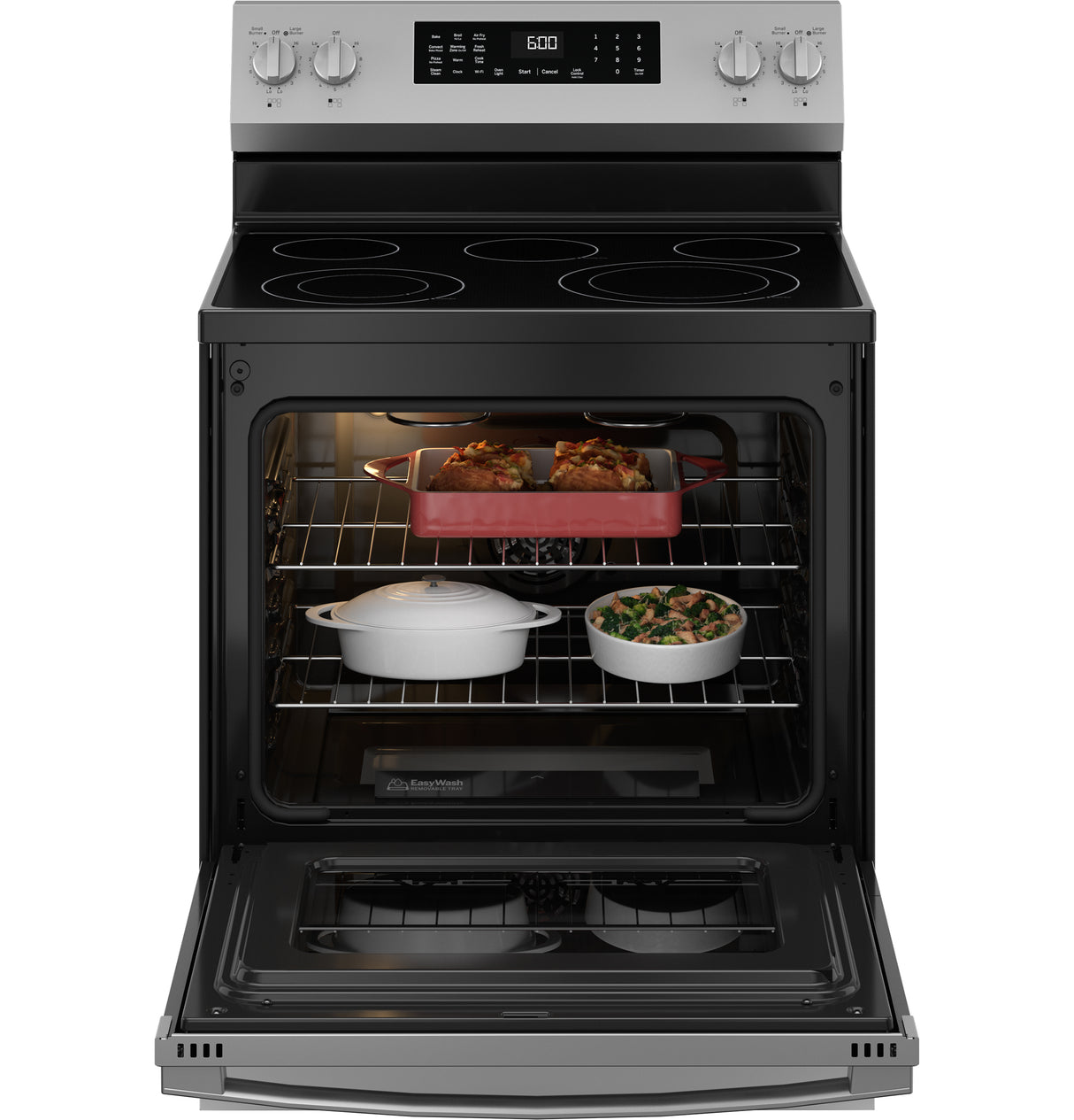 GE 30" Free-Standing Electric Convection Range with No Preheat Air Fry and EasyWash Oven Tray - Stainless Steel (GRF600AVSS)