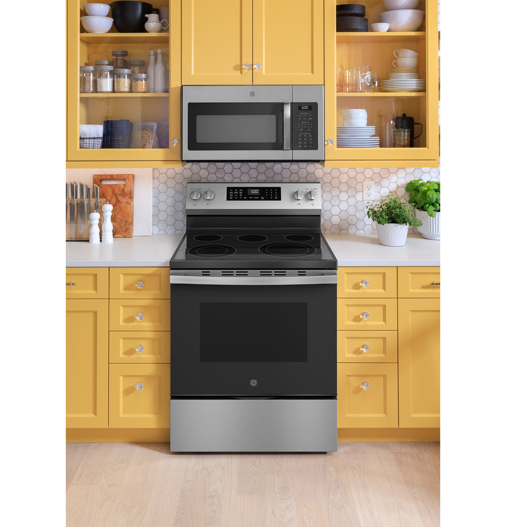 GE 30" Free-Standing Electric Convection Range with No Preheat Air Fry and EasyWash Oven Tray - Stainless Steel (GRF600AVSS)