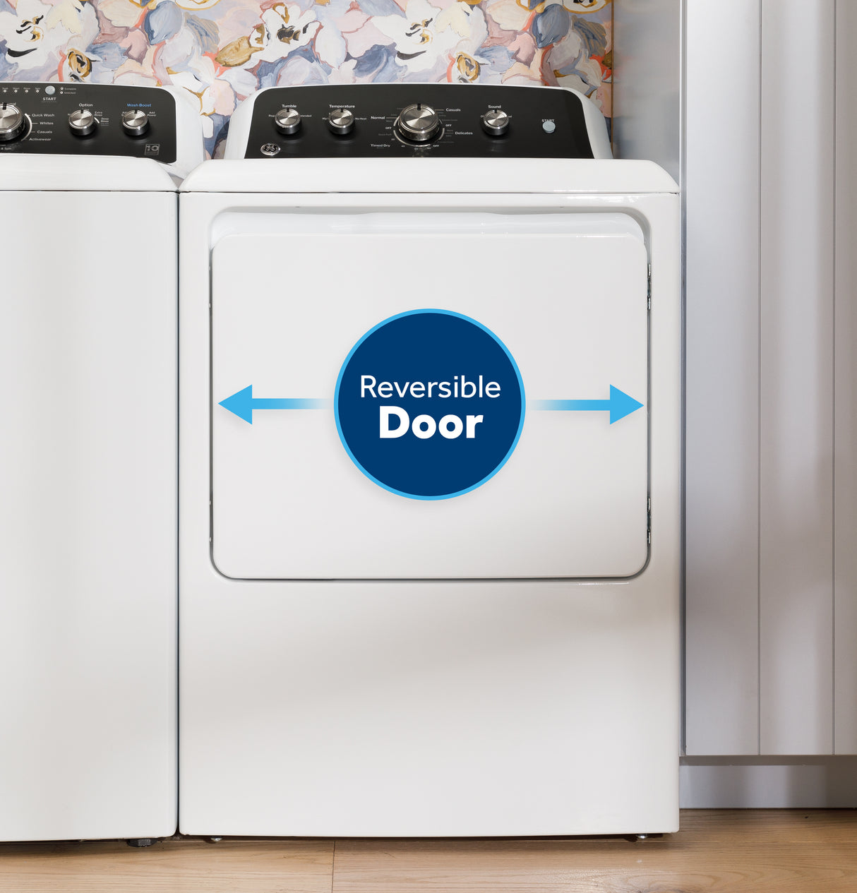 GE 7.2 cu. ft. Capacity Gas Dryer with Up To 120 ft. Venting and Extended Tumble - White with Matte Black Backsplash (GTD48GASWWB)