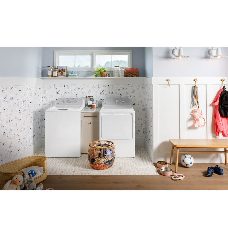 GE 4.3 cu. ft. Capacity Washer with Stainless Steel Basket,Cold Plus and Water Level Control - White w/ Silver Matte Backsplash (GTW385ASWWS)