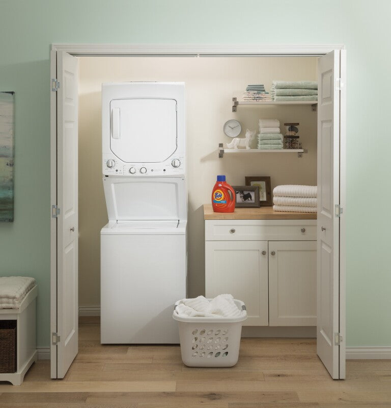 GE Unitized Spacemaker 2.3 cu. ft. Capacity Washer with Stainless Steel Basket and 4.4 cu. ft. Capacity Electric Dryer - White on White (GUD24ESSMWW)