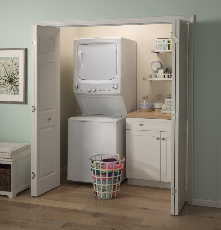 GE Unitized Spacemaker 3.8 cu. ft. Capacity Washer with Stainless Steel Basket and 5.9 cu. ft. Capacity Gas Dryer - White on White (GUD27GSSMWW)