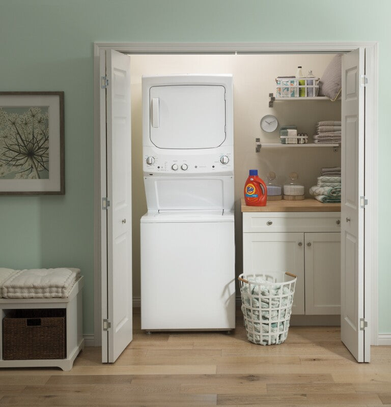 GE Unitized Spacemaker 3.8 cu. ft. Capacity Washer with Stainless Steel Basket and 5.9 cu. ft. Capacity Long Vent Electric Dryer - White on White (GUV27ESSMWW)