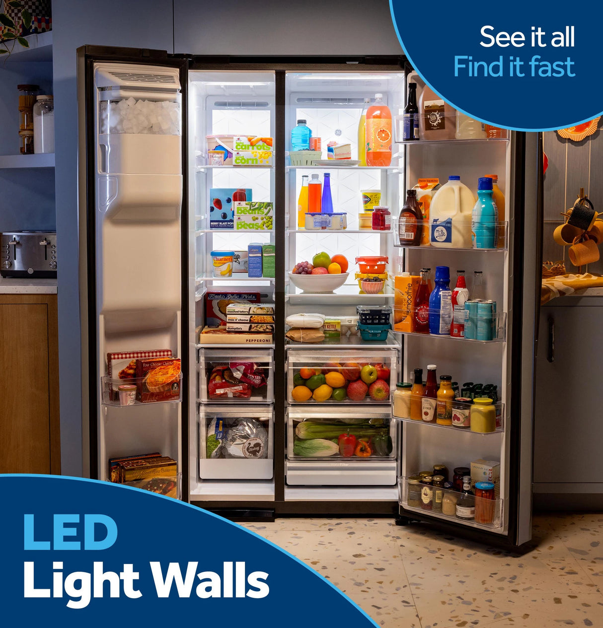 GE 23.5 Cu. Ft. Counter-Depth Side-By-Side Refrigerator with LED Light Walls and Extra Tall Dispenser - Fingerprint Resistant Stainless (GZS24PYYFS)