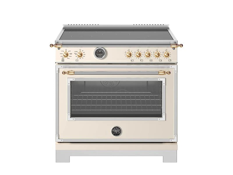 BERTAZZONI 36 inch Induction Range, 5 Heating Zones and Cast Iron Griddle, Electric Self-Clean Oven - Gold Accents - Avorio (HER365ICFEPAG)