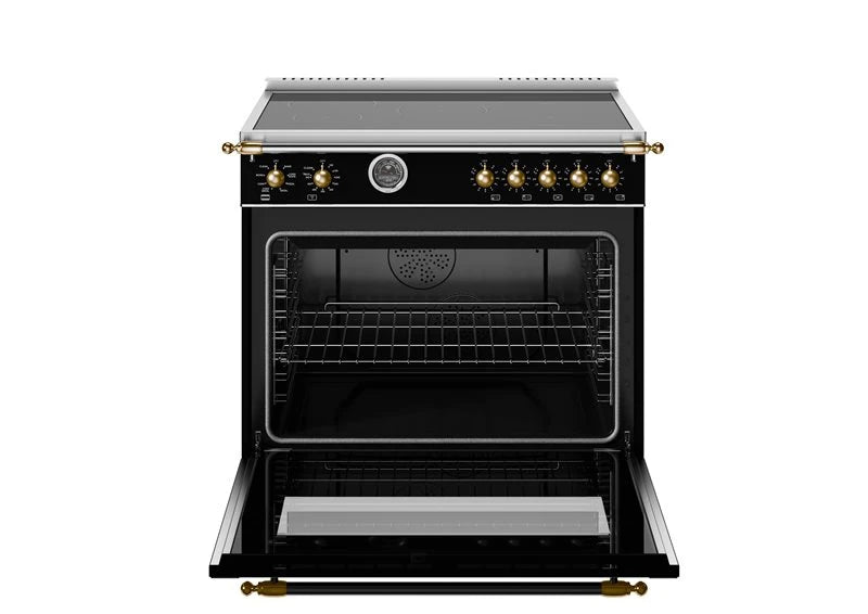 BERTAZZONI 36 inch Induction Range, 5 Heating Zones and Cast Iron Griddle, Electric Self-Clean Oven - Gold Accents - Nero (HER365ICFEPNG)