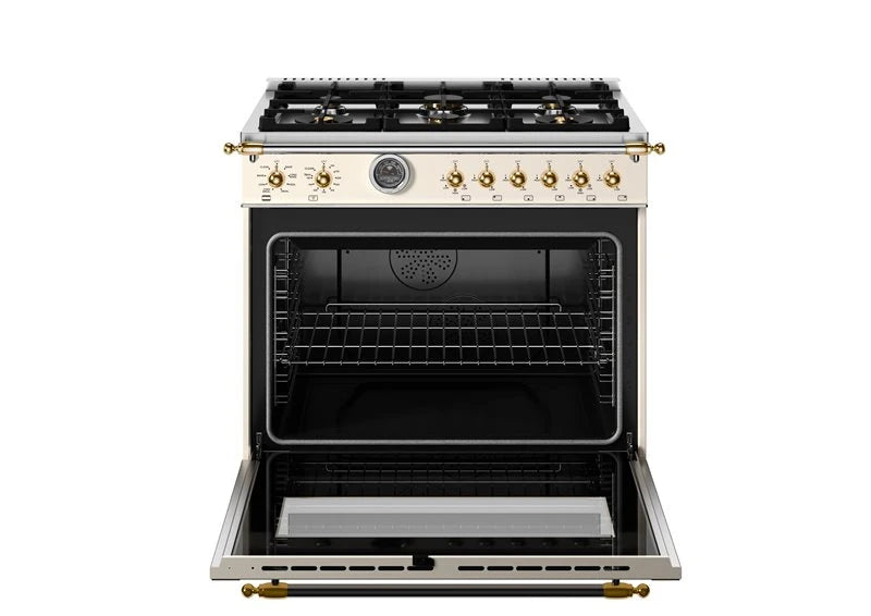 BERTAZZONI 36 inch Dual Fuel Range, 6 Brass Burner and Cast Iron Griddle, Electric Self-Clean Oven - Gold Accents - Avorio (HER366BCFEPAG)