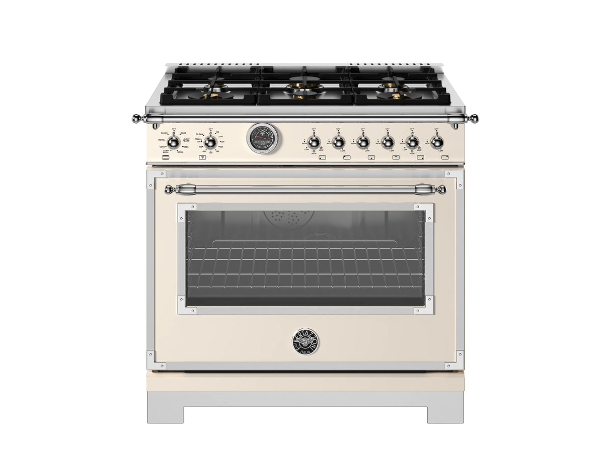 BERTAZZONI 36 inch Dual Fuel Range, 6 Brass Burner and Cast Iron Griddle, Electric Self-Clean Oven - Avorio (HER366BCFEPAVT)