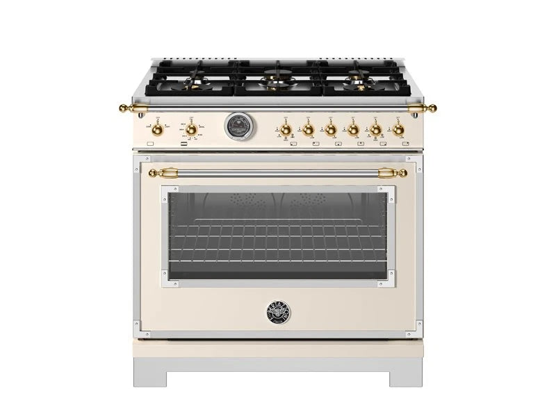 BERTAZZONI 36 inch All Gas Range, 6 Brass Burners and Cast Iron Griddle - Gold Accents - Avorio (HER366BCFGMAG)