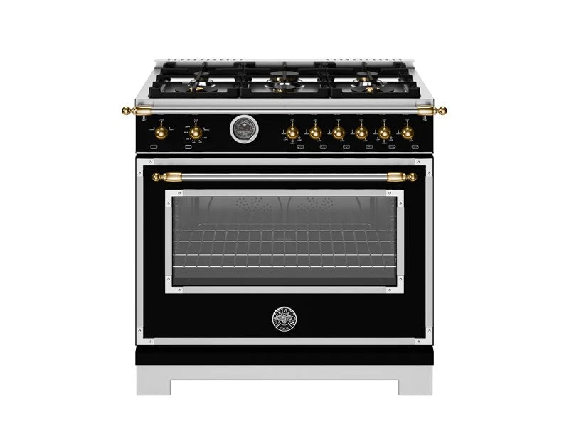 BERTAZZONI 36 inch All Gas Range, 6 Brass Burners and Cast Iron Griddle - Gold Accents - Nero Matt (HER366BCFGMNG)