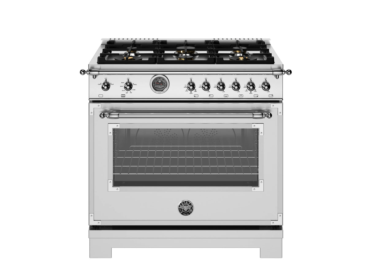 BERTAZZONI 36 inch All Gas Range, 6 Brass Burners and Cast Iron Griddle - Stainless Steel (HER366BCFGMXT)