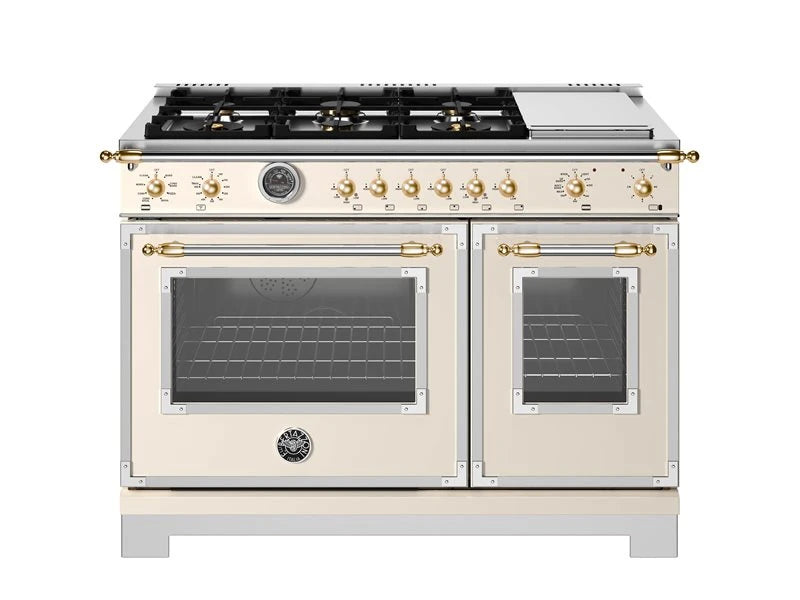 BERTAZZONI 48 inch Dual Fuel Range, 6 Brass Burners and Griddle, Electric Self-Clean Oven - Gold Accents - Avorio (HER486BTFEPAG)
