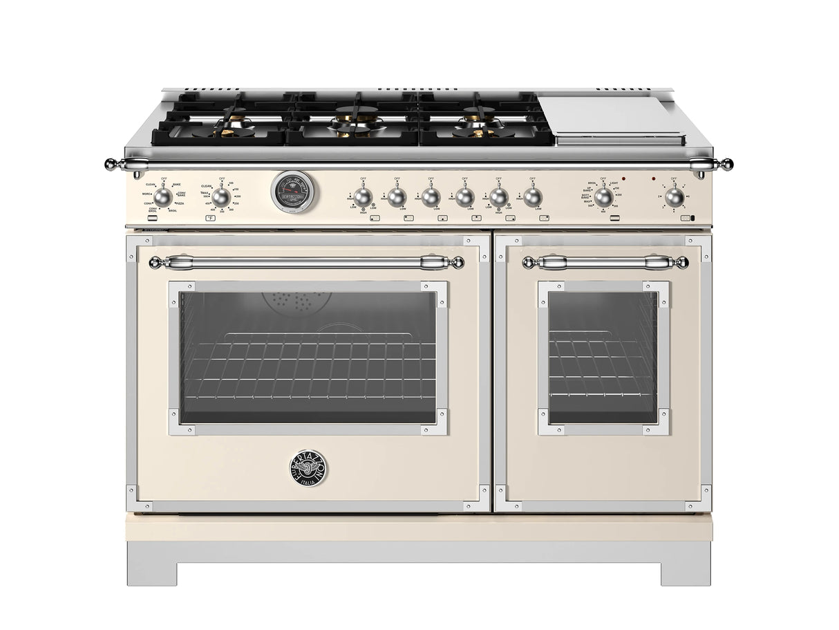 BERTAZZONI 48 inch Dual Fuel Range, 6 Brass Burners and Griddle, Electric Self-Clean Oven - Avorio (HER486BTFEPAVT)