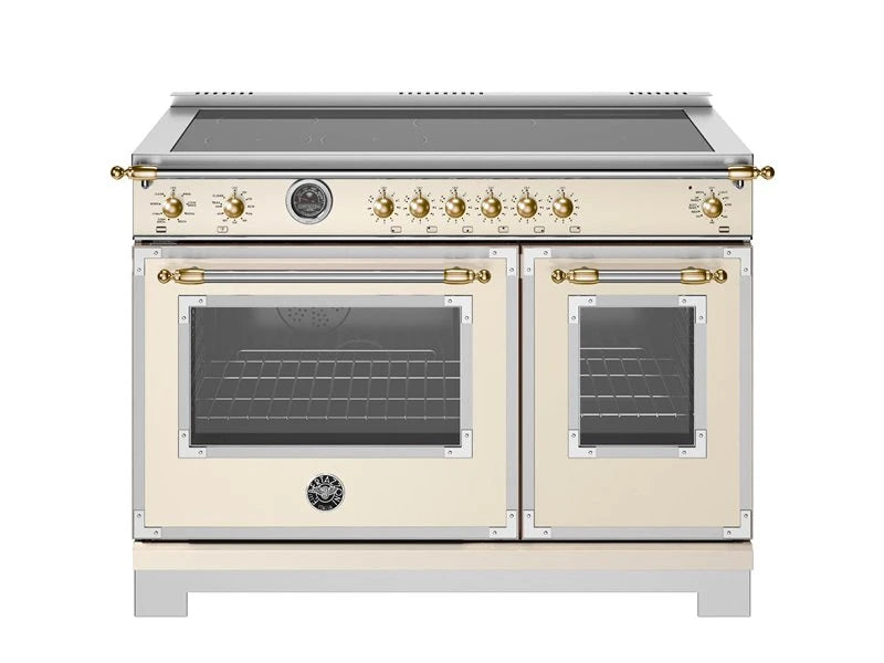 BERTAZZONI 48 inch Induction Range, 6 Heating Zones and Cast Iron Griddle, Electric Self-Clean Oven - Gold Accents - Avorio (HER486IGFEPAG)