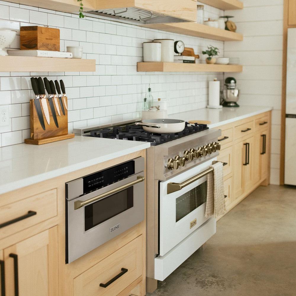 ZLINE Autograph Edition 30" 1.2 cu. ft. Built-In Microwave Drawer with Champagne Bronze Accents - Stainless Steel (MWDZ30CB)