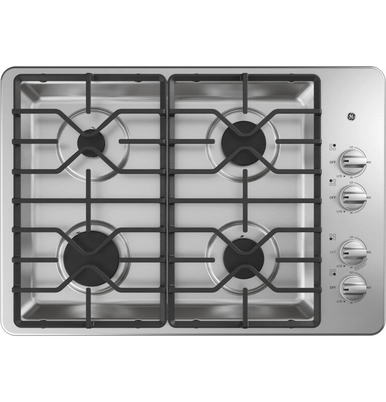 GE 30" Built-In Gas Cooktop with Dishwasher-Safe Grates - Stainless Steel (JGP3030SLSS)