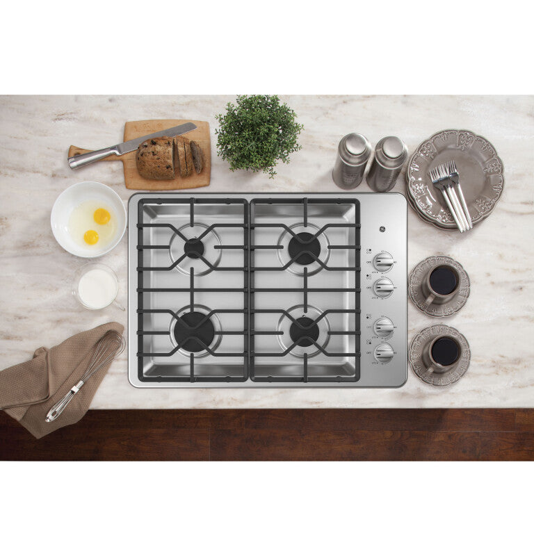GE 30" Built-In Gas Cooktop with Dishwasher-Safe Grates - Stainless Steel (JGP3030SLSS)