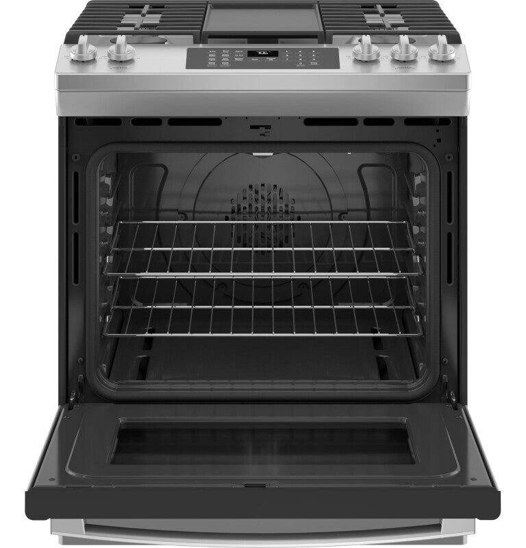 GE 30" Slide-In Front-Control Convection Gas Range with No Preheat Air Fry - Stainless Steel (JGS760SPSS)