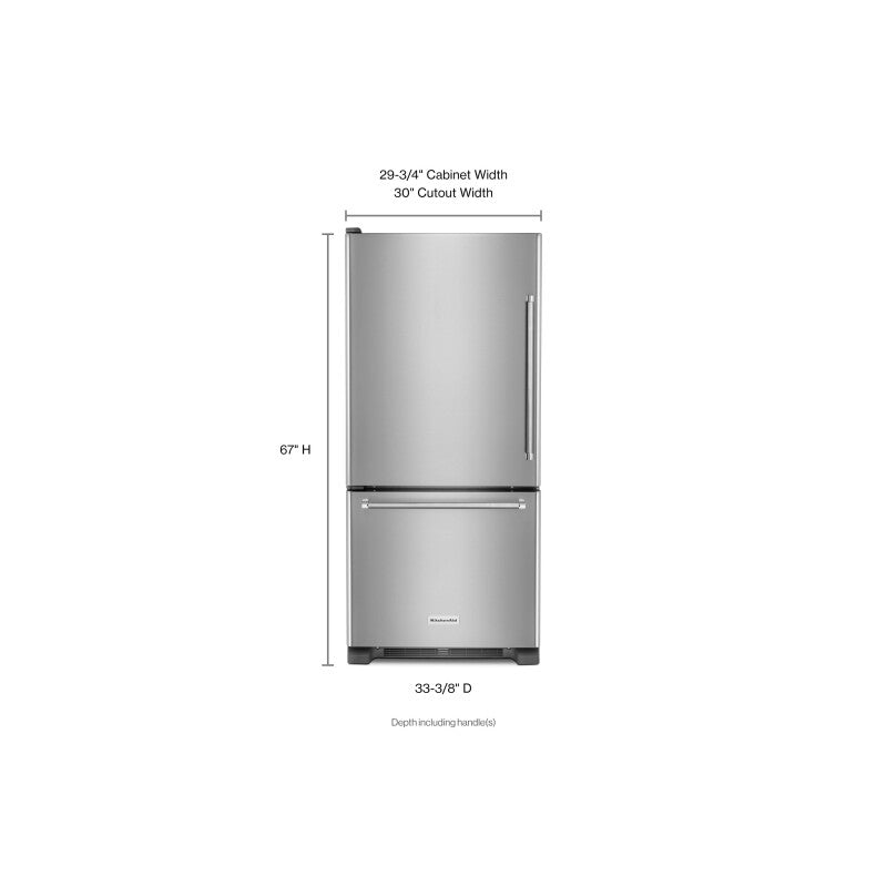 KitchenAid 19 cu. ft. 30-Inch Width Full Depth Non Dispense Bottom Mount Refrigerator - Stainless Steel (KRBL109ESS)
