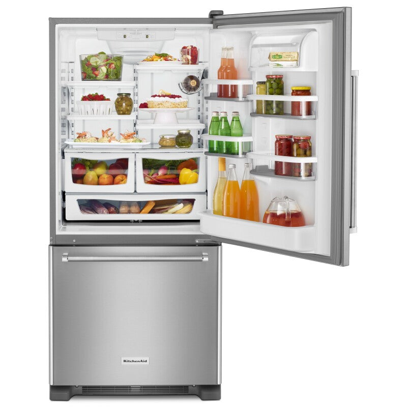 KitchenAid 19 cu. ft. 30-Inch Width Full Depth Non Dispense Bottom Mount Refrigerator - Stainless Steel (KRBR109ESS)