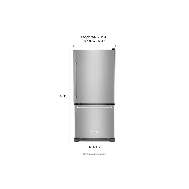 KitchenAid 19 cu. ft. 30-Inch Width Full Depth Non Dispense Bottom Mount Refrigerator - Stainless Steel (KRBR109ESS)