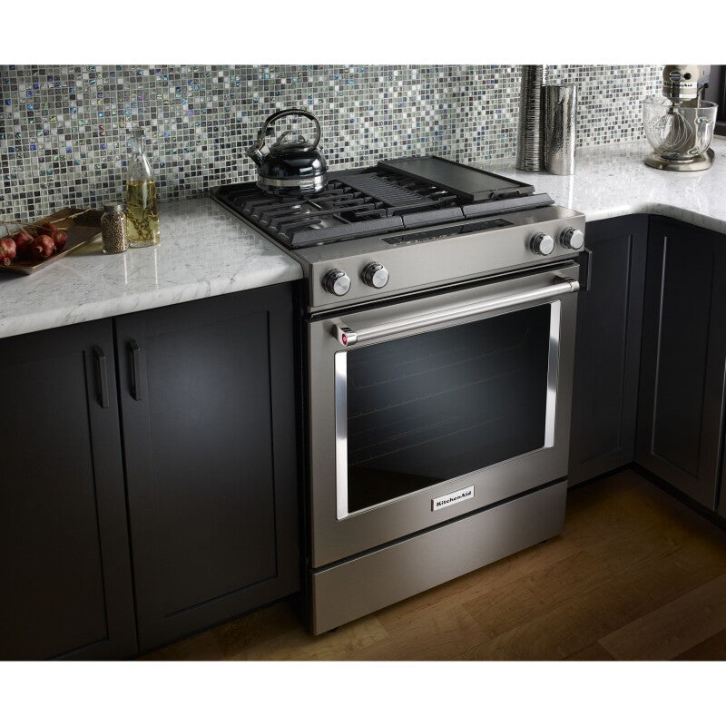 KitchenAid 30" 4-Burner Dual Fuel Downdraft Slide-In Range - Stainless Steel (KSDG950ESS)