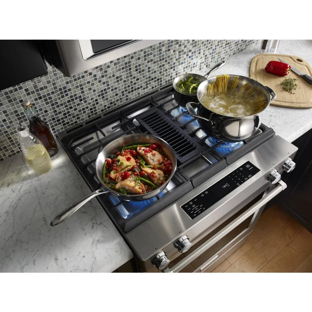 KITCHENAID 30-inch 4-burner Dual Fuel Downdraft Slide-in Range - Stainless Steel (KSDG950ESS)