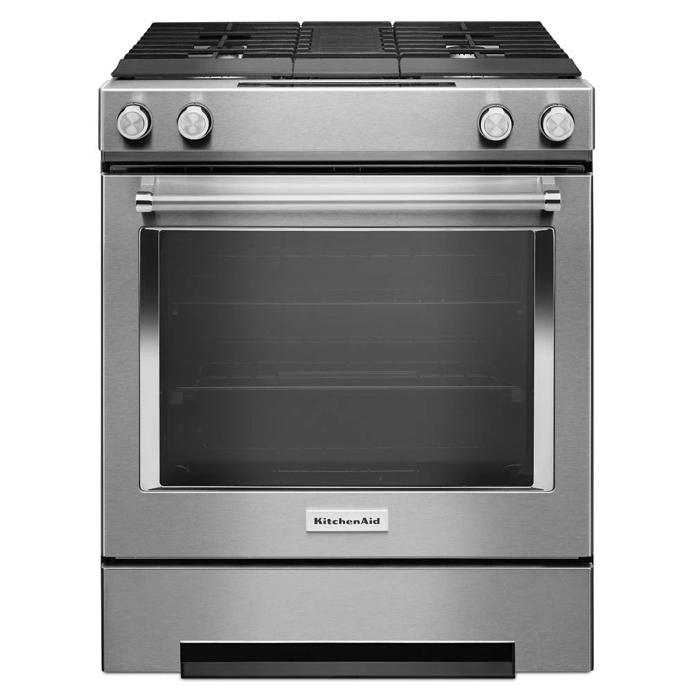 KITCHENAID 30-inch 4-burner Dual Fuel Downdraft Slide-in Range - Stainless Steel (KSDG950ESS)