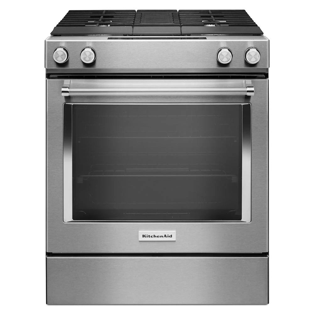 KITCHENAID 30-inch 4-burner Dual Fuel Downdraft Slide-in Range - Stainless Steel (KSDG950ESS)