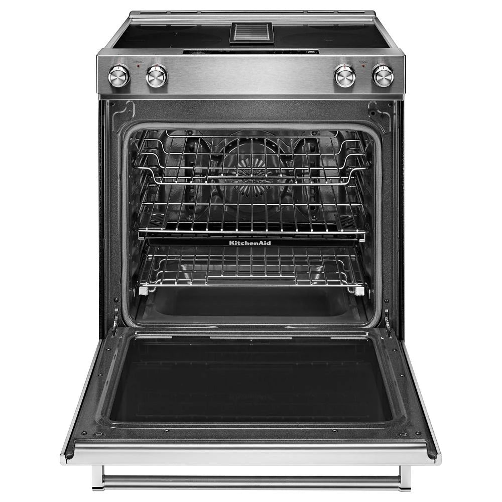 KitchenAid 30-Inch 4-Element Electric Downdraft Slide-In Range - Stainless Steel (KSEG950ESS)