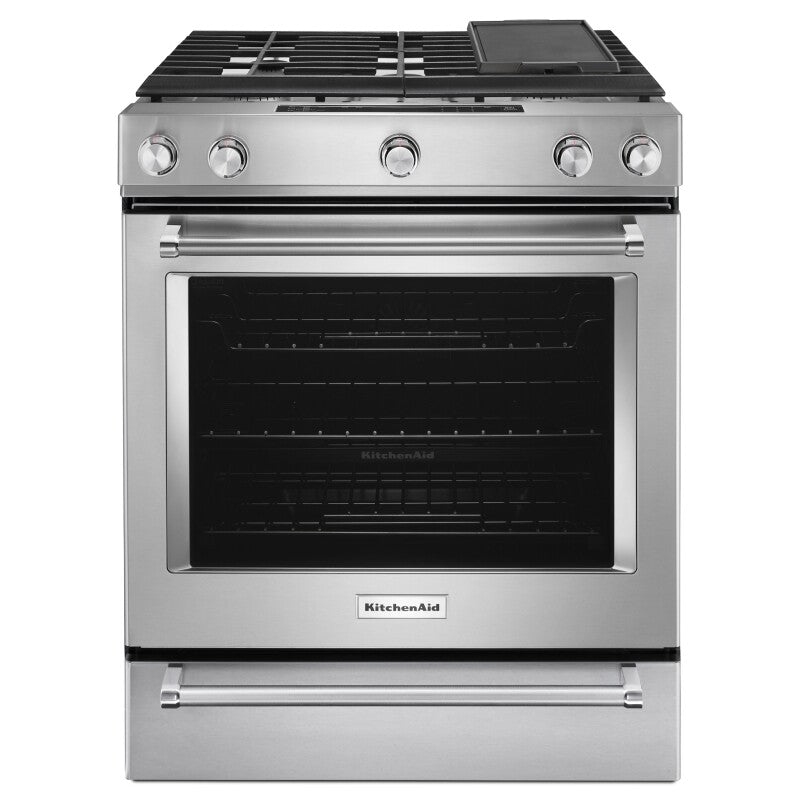 KitchenAid 30-Inch 5 Burner Gas Convection Slide-In Range with Baking Drawer - Stainless Steel (KSGB900ESS)