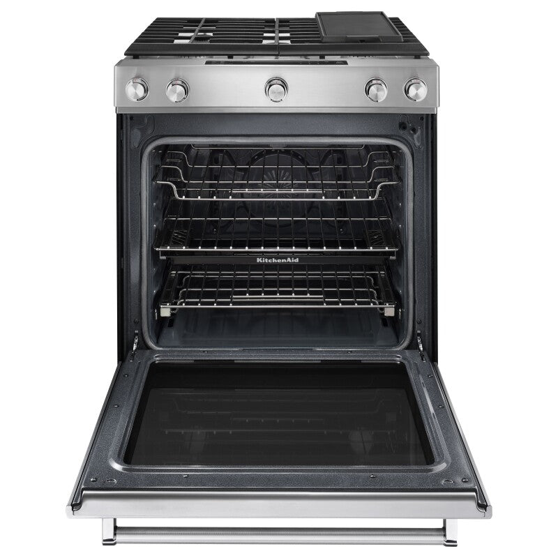 KitchenAid 30-Inch 5 Burner Gas Convection Slide-In Range with Baking Drawer - Stainless Steel (KSGB900ESS)