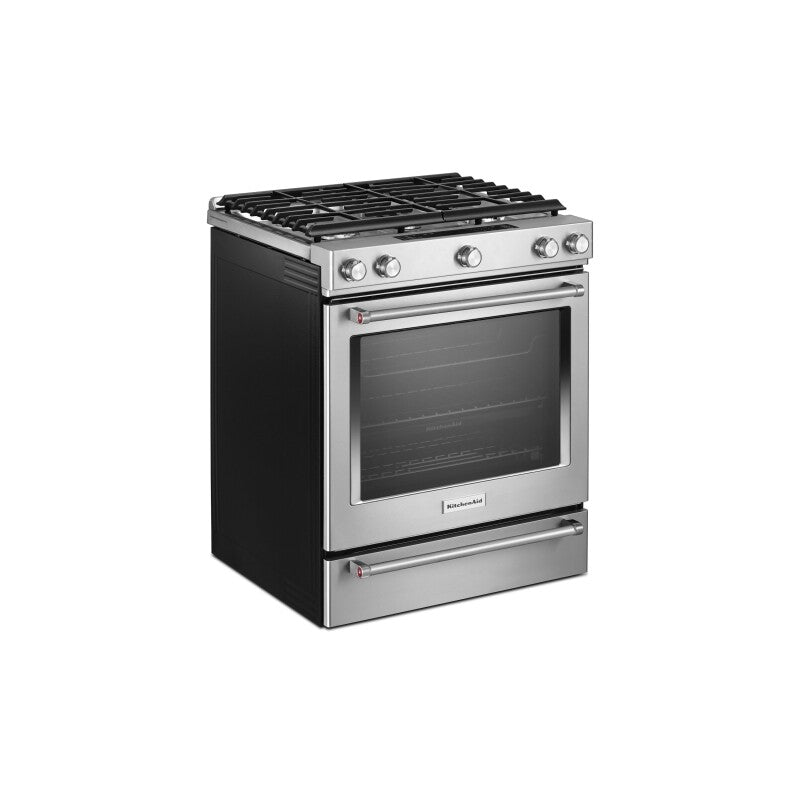 KitchenAid 30-Inch 5 Burner Gas Convection Slide-In Range with Baking Drawer - Stainless Steel (KSGB900ESS)