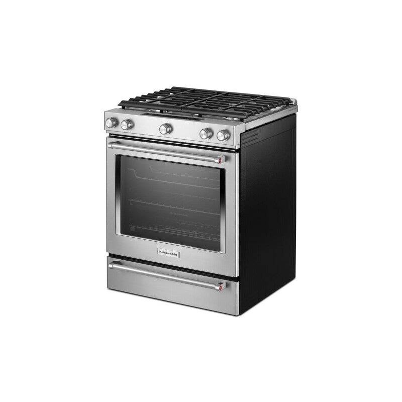 KitchenAid 30-Inch 5 Burner Gas Convection Slide-In Range with Baking Drawer - Stainless Steel (KSGB900ESS)