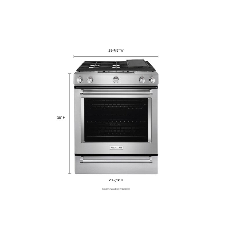 KitchenAid 30-Inch 5 Burner Gas Convection Slide-In Range with Baking Drawer - Stainless Steel (KSGB900ESS)