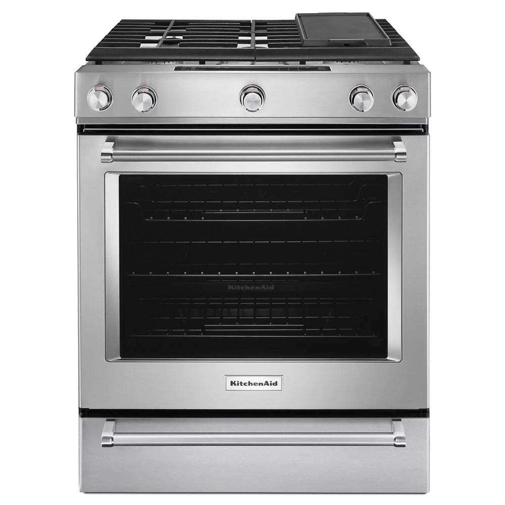 KitchenAid 30-Inch 5 Burner Gas Convection Slide-In Range with Baking Drawer - Stainless Steel (KSGB900ESS)