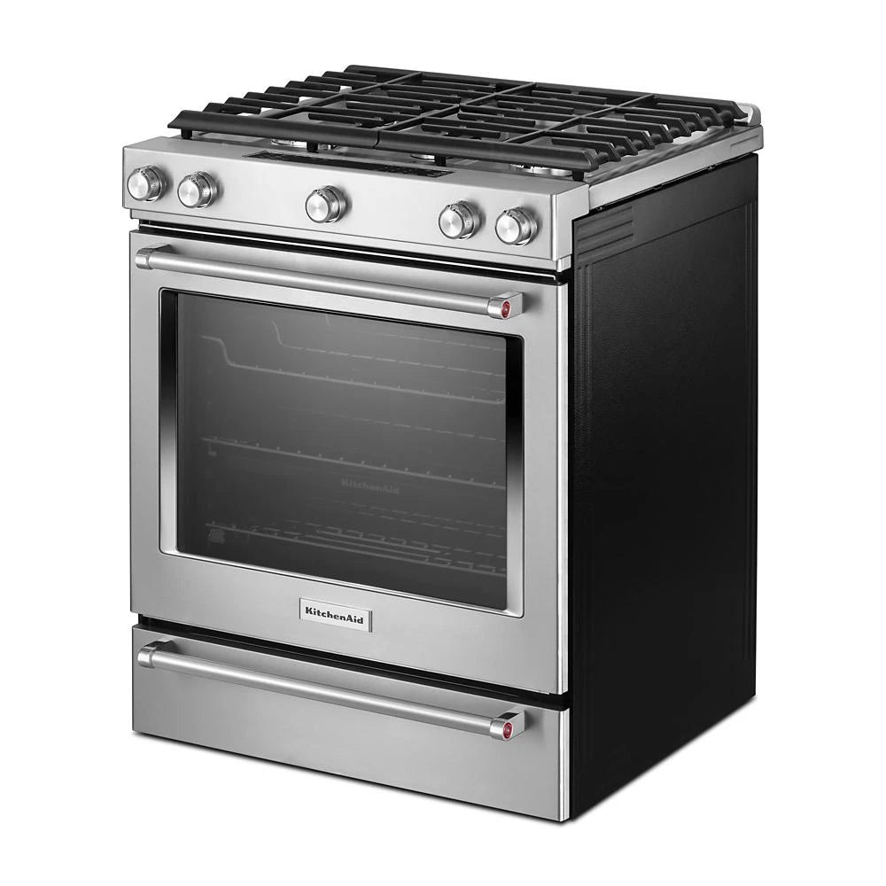 KitchenAid 30-Inch 5 Burner Gas Convection Slide-In Range with Baking Drawer - Stainless Steel (KSGB900ESS)