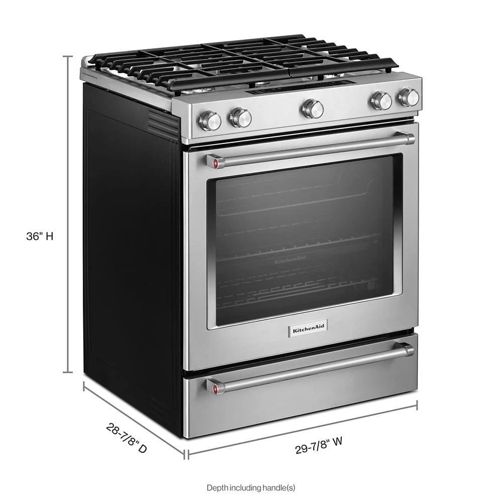 KitchenAid 30-Inch 5 Burner Gas Convection Slide-In Range with Baking Drawer - Stainless Steel (KSGB900ESS)