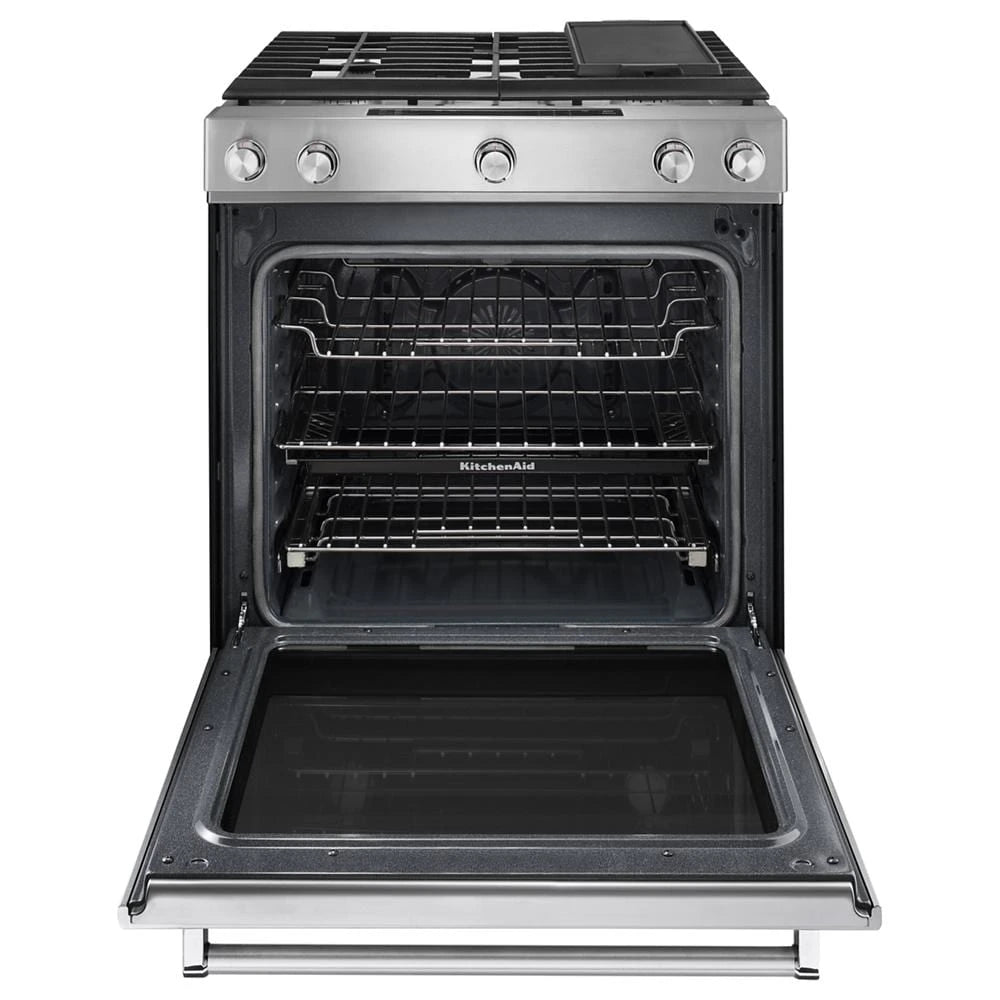 KitchenAid 30-Inch 5 Burner Gas Convection Slide-In Range with Baking Drawer - Stainless Steel (KSGB900ESS)