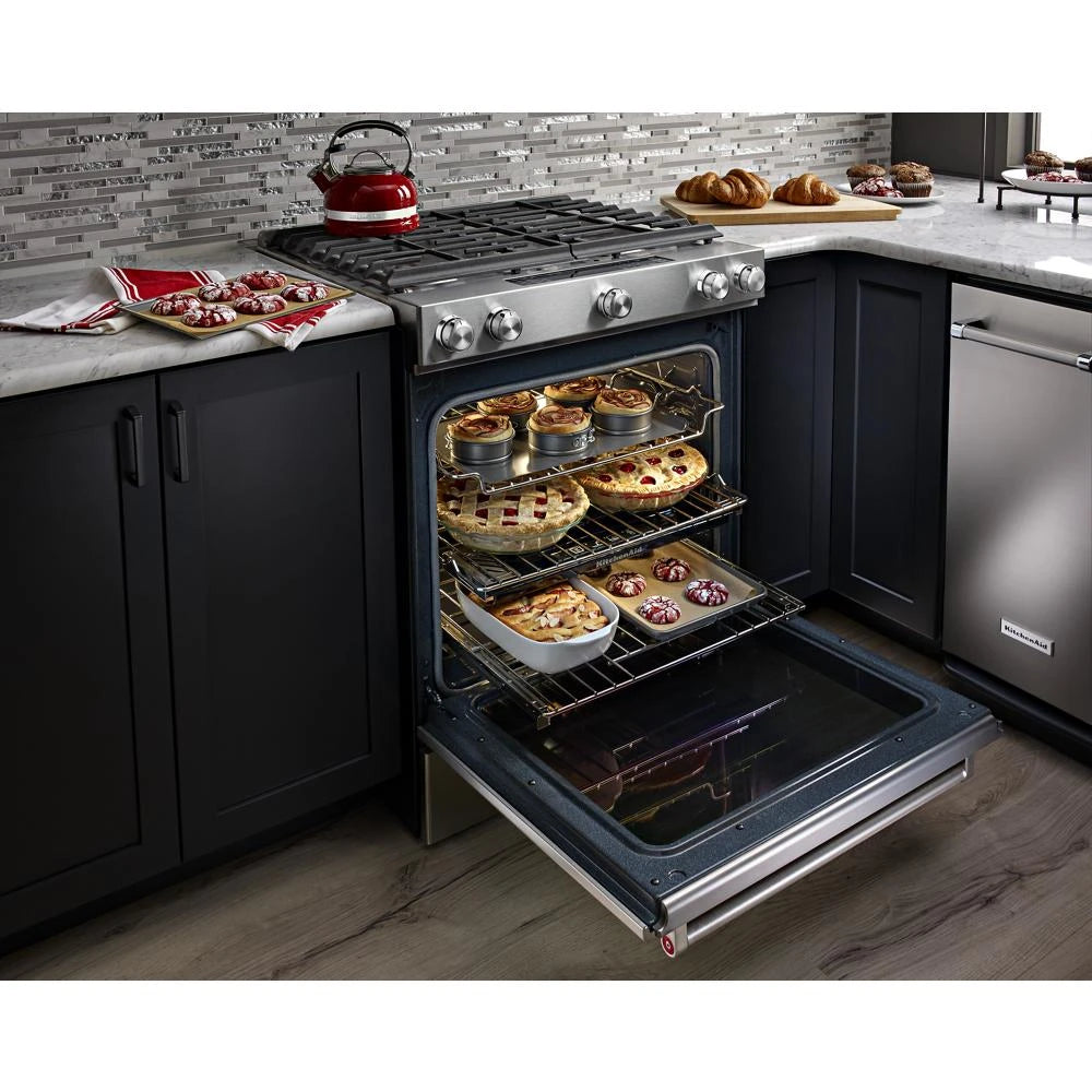 KitchenAid 30-Inch 5 Burner Gas Convection Slide-In Range with Baking Drawer - Stainless Steel (KSGB900ESS)