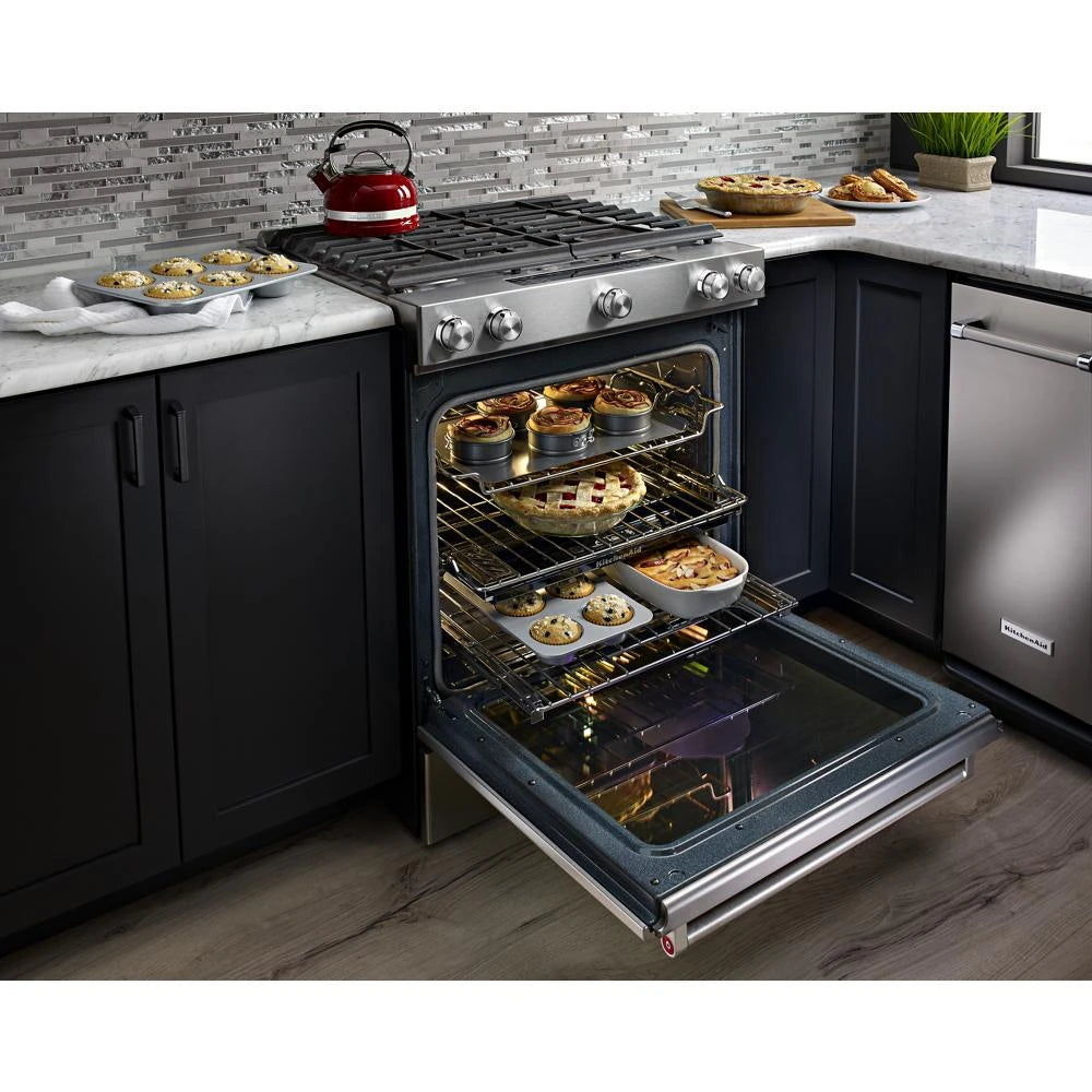KitchenAid 30-Inch 5 Burner Gas Convection Slide-In Range with Baking Drawer - Stainless Steel (KSGB900ESS)