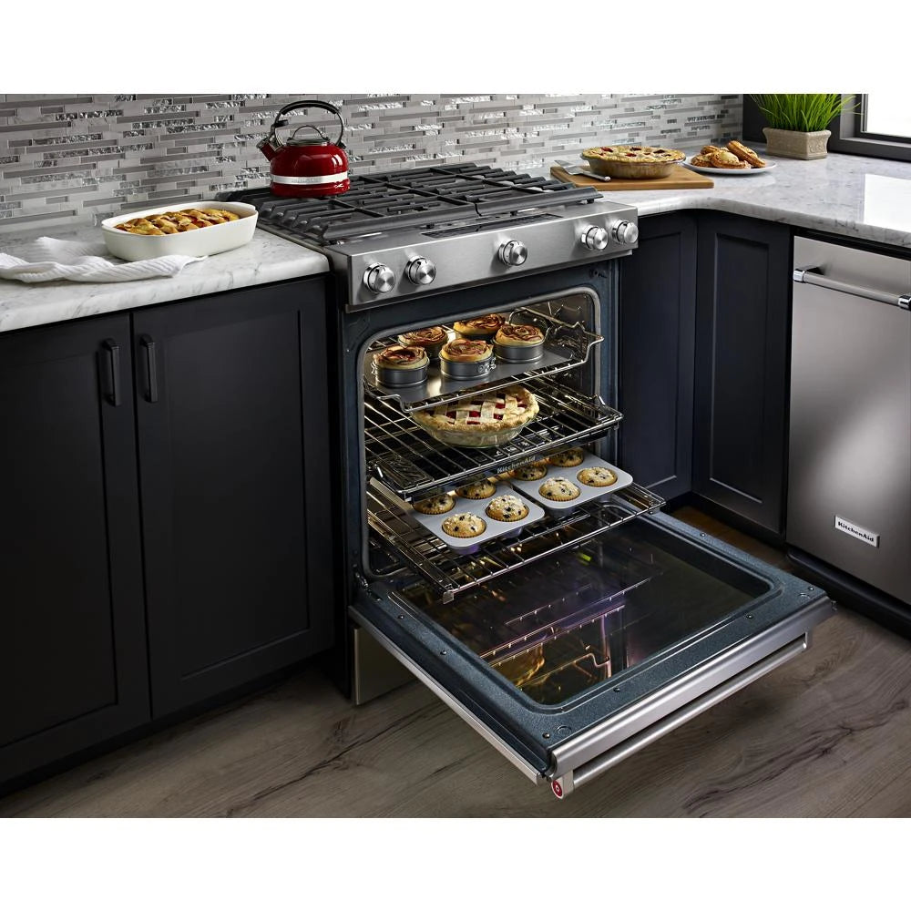 KitchenAid 30-Inch 5 Burner Gas Convection Slide-In Range with Baking Drawer - Stainless Steel (KSGB900ESS)