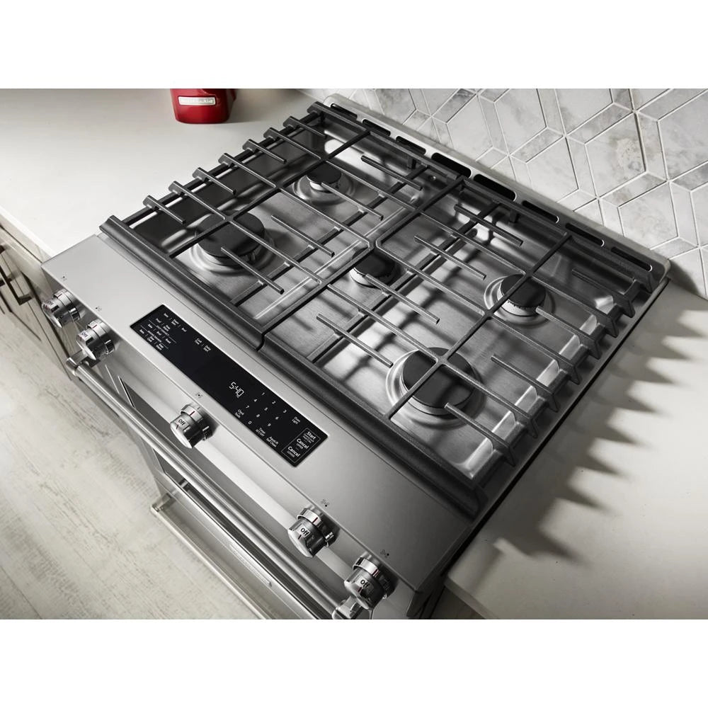 KitchenAid 30-Inch 5 Burner Gas Convection Slide-In Range with Baking Drawer - Stainless Steel (KSGB900ESS)