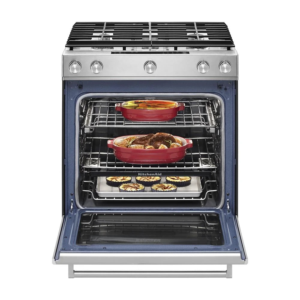 KitchenAid 30-Inch 5 Burner Gas Convection Slide-In Range with Baking Drawer - Stainless Steel (KSGB900ESS)