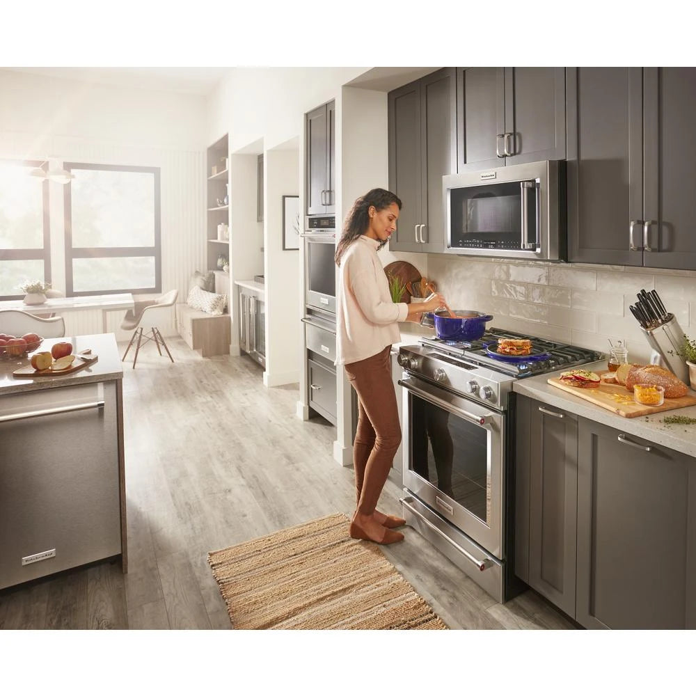 KitchenAid 30-Inch 5 Burner Gas Convection Slide-In Range with Baking Drawer - Stainless Steel (KSGB900ESS)