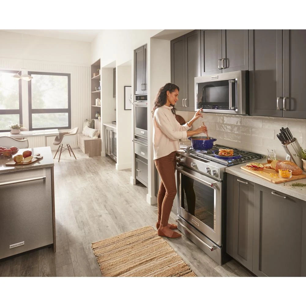 KitchenAid 30-Inch 5 Burner Gas Convection Slide-In Range with Baking Drawer - Stainless Steel (KSGB900ESS)